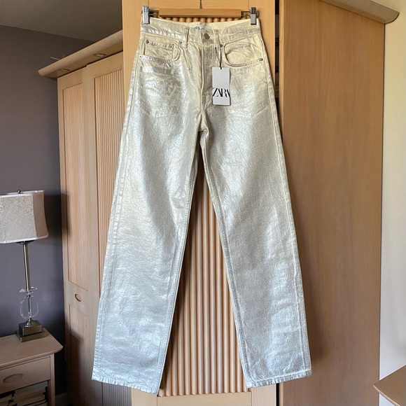 Zara silver metallic wide leg jeans - Picture 6 of 16